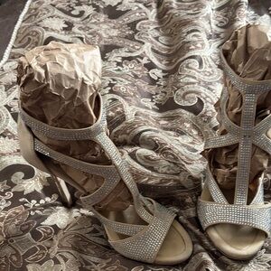 BCBG Beige Rhinestone Strappy Heels